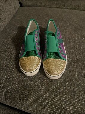 Womens Glitter Slip-On Sneakers in Green, Purple & Gold